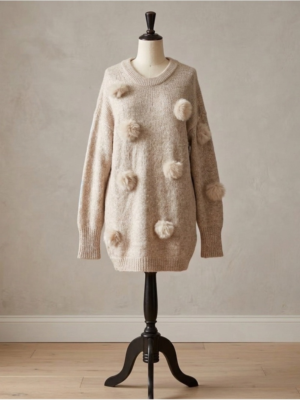 Tibi Beige Pom-Pom Crewneck Sweater Dress Alpaca Wool
